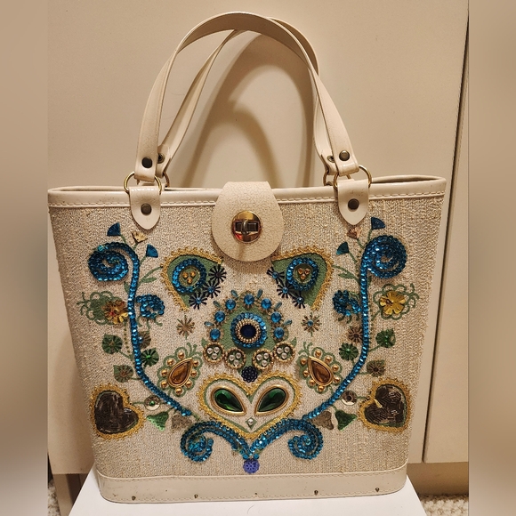 Unique Vintage Handbags - Vintage Pristine 1960s Enid Collins–Inspired “Jeweled Garden” Canvas Tote
